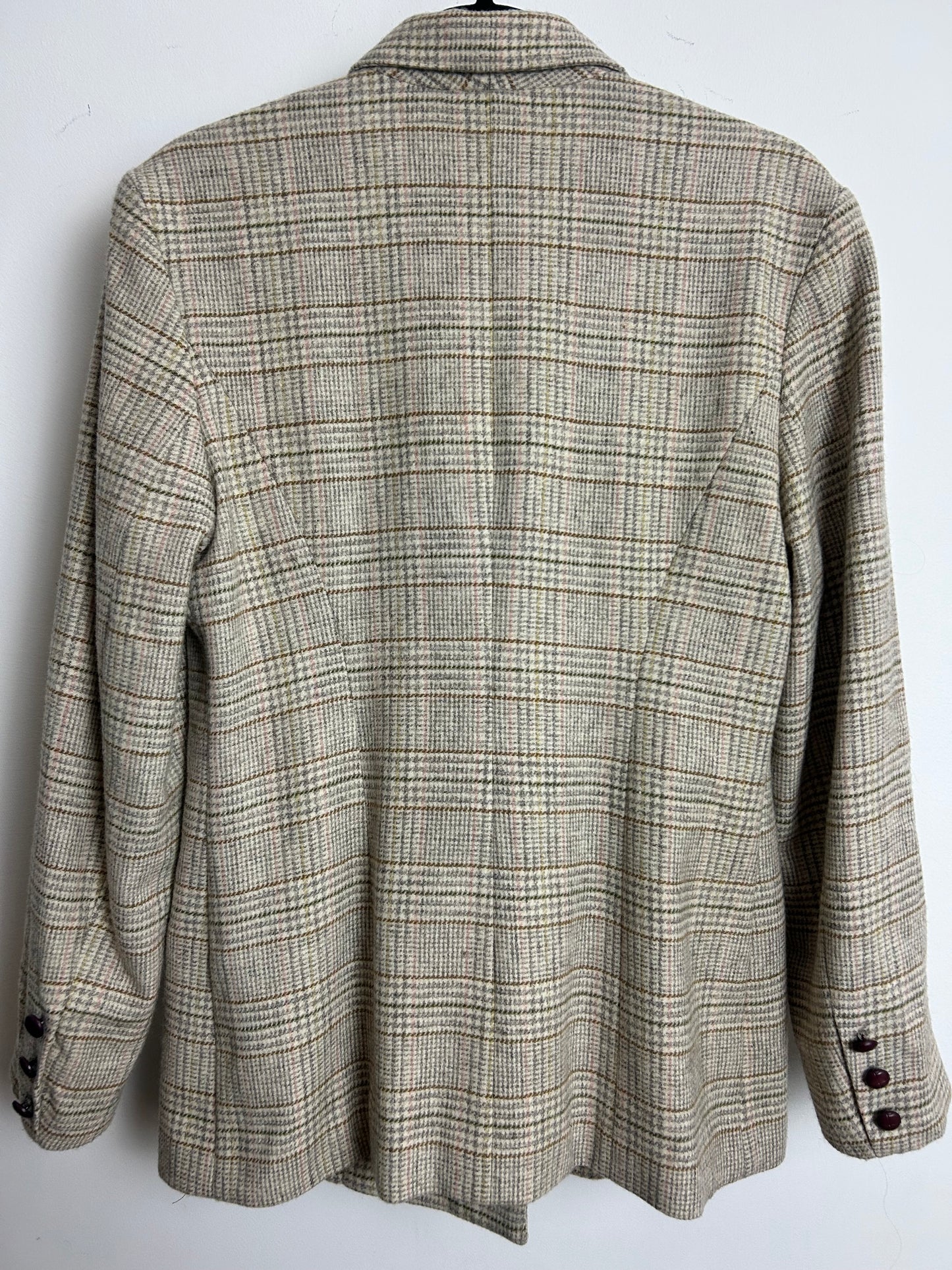 Vintage 1980s HONGO SAN SEBASTIAN Size 12 Beige Brown Grey & Pink Check Wool Mix Blazer