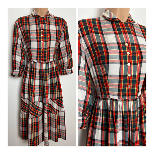 Vintage Late 1950s Size 10 Dark Green Red & White Tartan Check Gather Pleated Day Dress