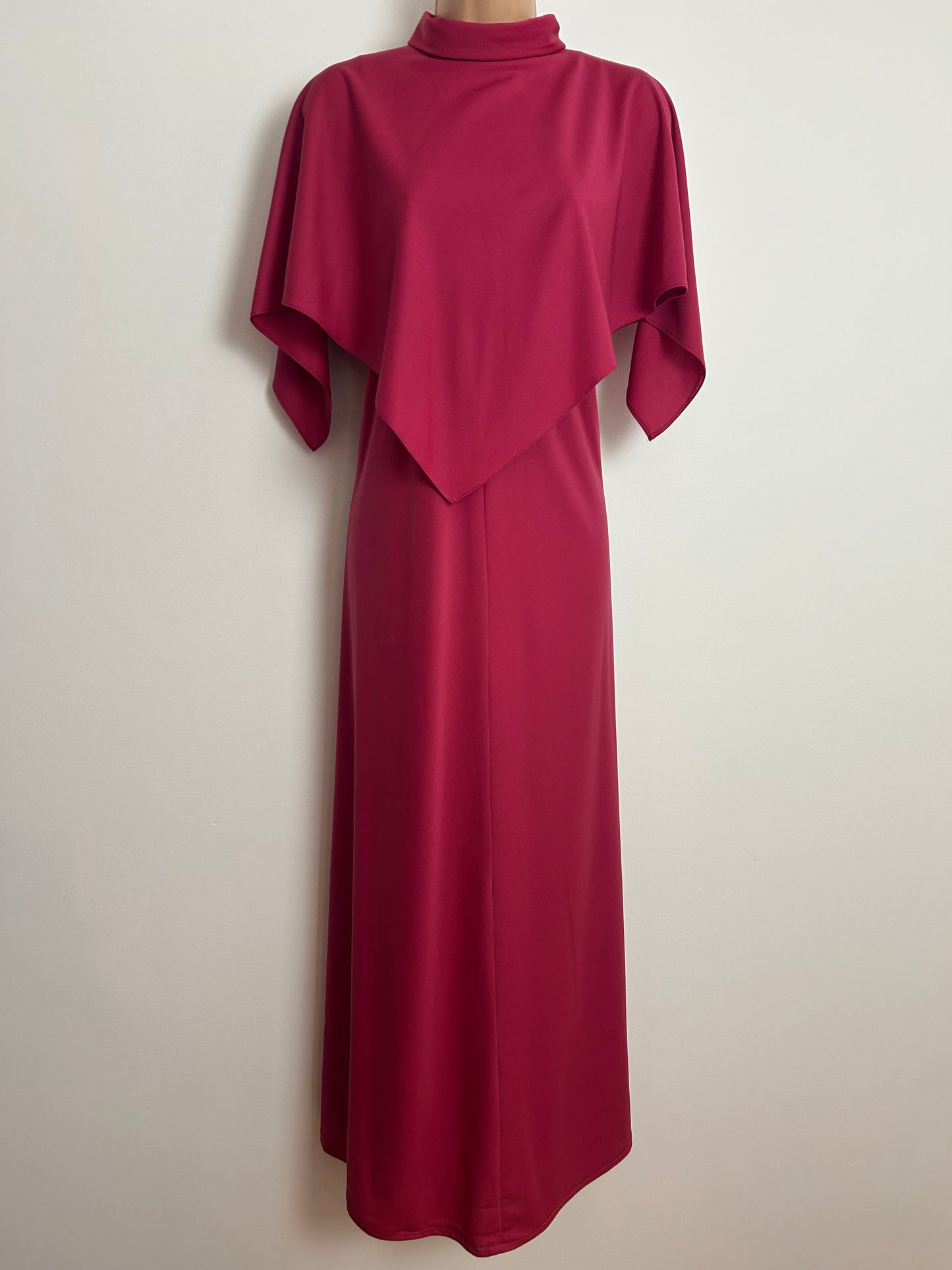 Vintage 1970s ALLDAE Size 12 Raspberry Dark Pink Cape Sleeve Double Layered Boho Maxi Dress