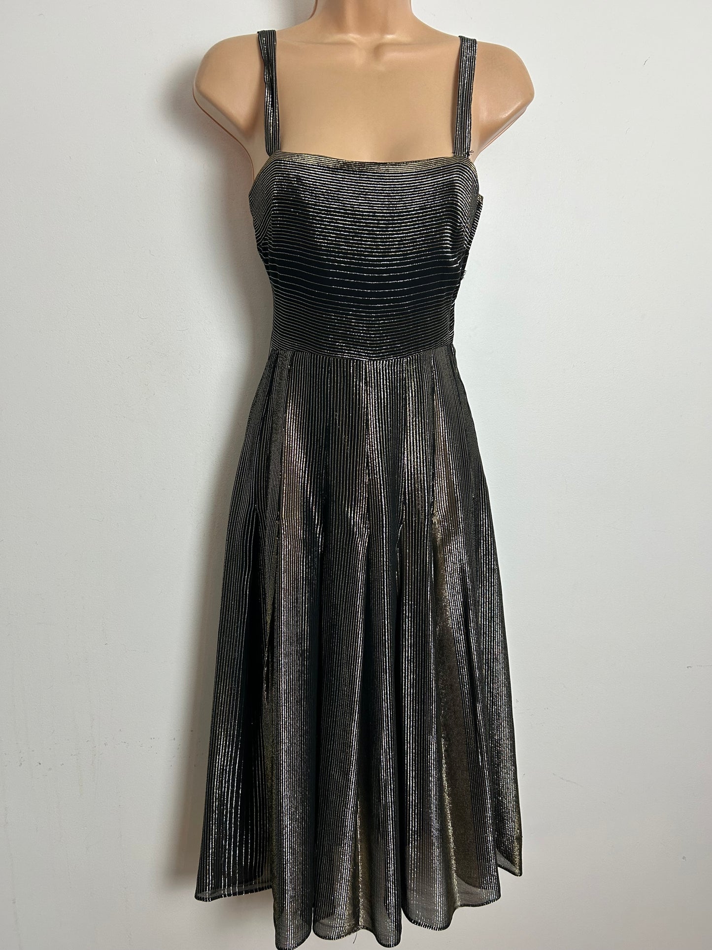 Vintage RARE 1970s SUJON Size 6 Black Pinstripe Lurex Christmas Party Evening Dress