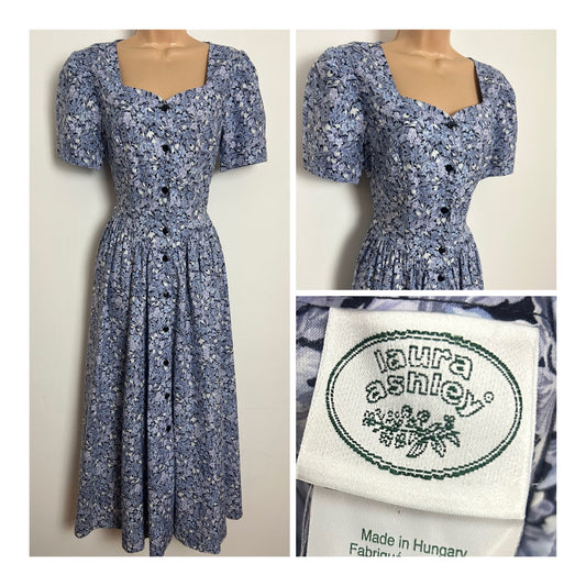 Vintage 1980s LAURA ASHLEY Size 8 (Size 10 On Label) Blue & Grey Floral Print Cotton Tea Dress