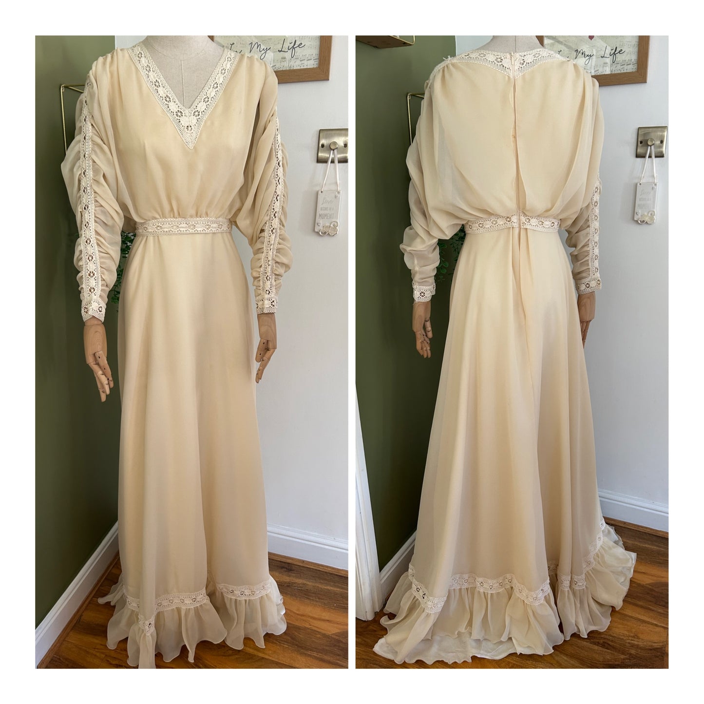 Vintage 1970s Size 6-8 Beautiful Cream Lace Trim Mock 2 Piece Long Ruched Sleeve Wedding Summer Occasion Dress/Gown