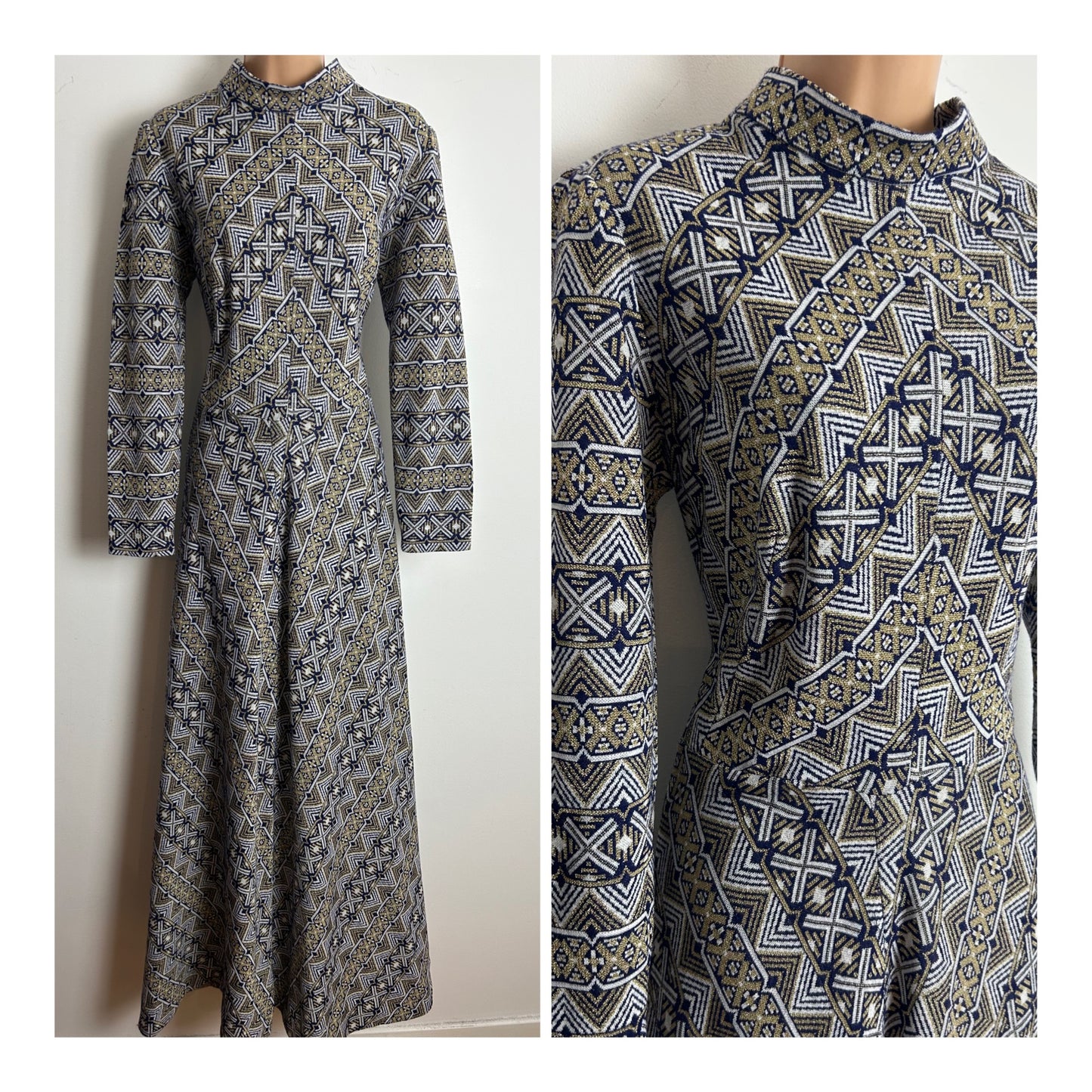 Vintage 1970s Size 12-14 Blue White Gold Lurex Abstract Print Long Sleeve Evening Maxi Dress