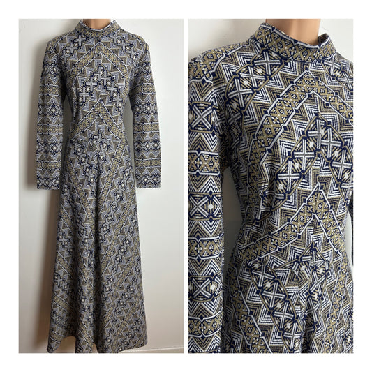 Vintage 1970s Size 12-14 Blue White Gold Lurex Abstract Print Long Sleeve Evening Maxi Dress