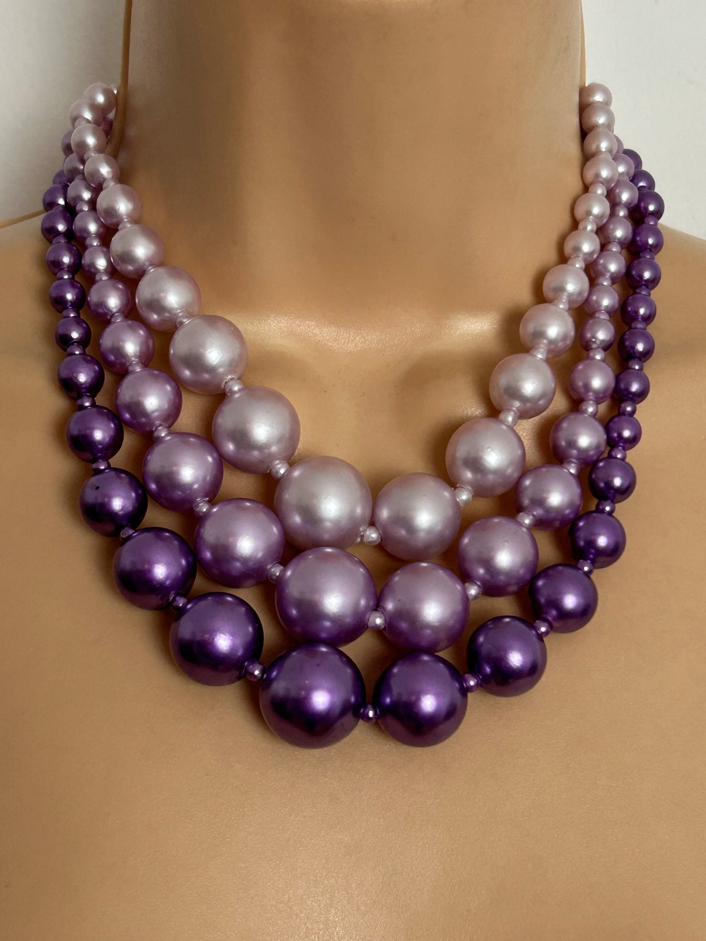 Vintage 1960s HONG KONG Stamped Pink Lilac & Purple Triple Strand Graduating Chunky Bead Choker Necklace