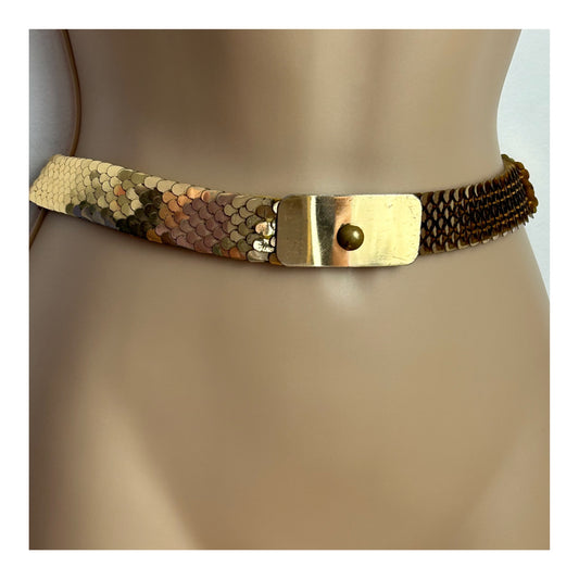 Vintage 1970s Gold Metal Fish Scale Stretchy Elasticated Belt 2.5cm Width