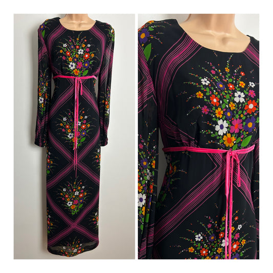Vintage 1970s Size 10-12 Black Pink Orange & White Stripe & Floral Print Long Sleeve Georgette Chiffon Maxi Dress
