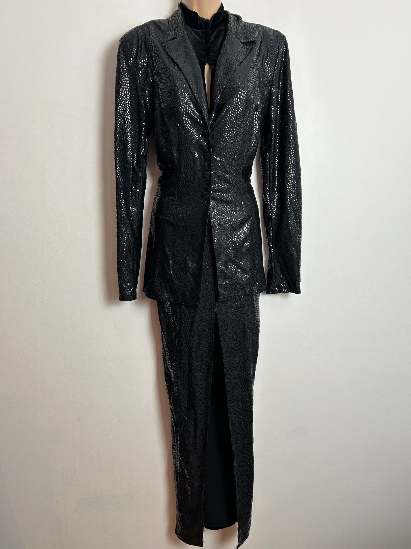 Vintage 1980s ROMEO POUR JULIETTE Paris UK Size 10 Black Velour & Snakeskin Evening Dress & Matching Open Back Jacket