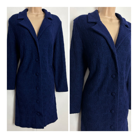 Vintage 1970s SAINT DENIS UK Size 16 Navy Blue Textured Wavy Stripe Jersey Long Sleeve Mod Shift Dress