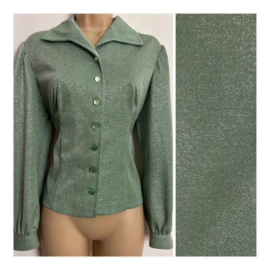 Vintage 1970s Size 10 Pale Green Glittery Lurex Wide Collared Long Sleeve Shirt/Blouse