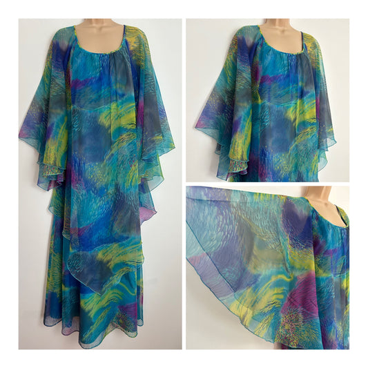 Vintage 1970s VERA MONT UK Size 6 Blue Yellowy Green & Purple Abstract Print Double Layered Very Floaty Maxi Dress