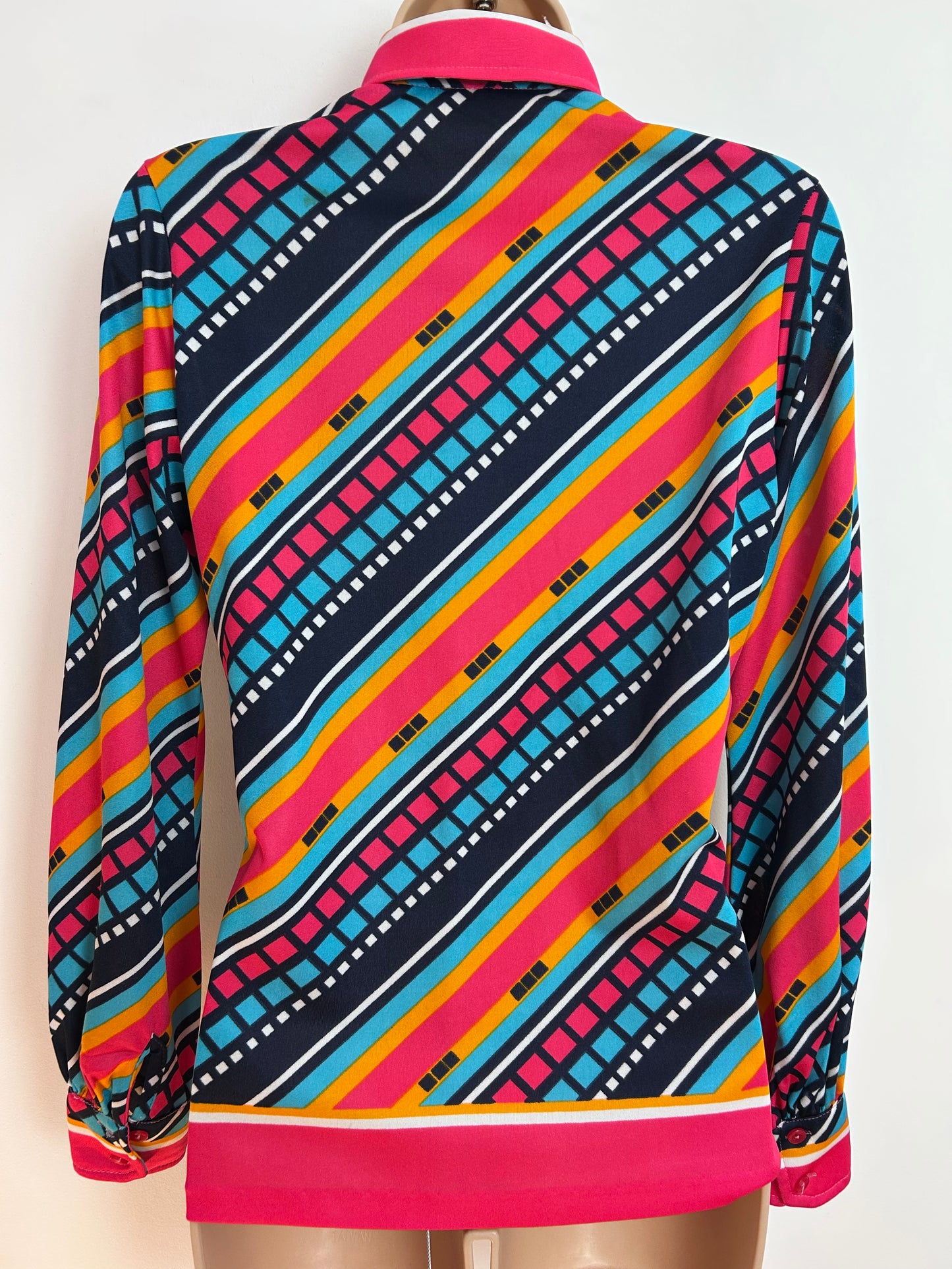 Vintage 1970s Size 10-12 JERSEY MASTERS Hot Pink Orange Turquoise &Navy Blue Stripe Long Sleeve Shir