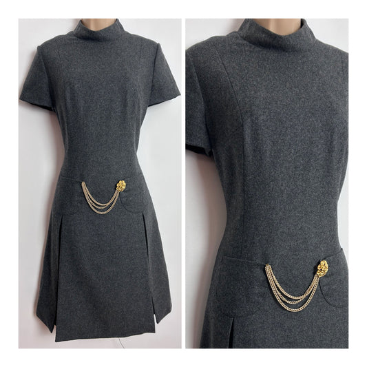 Vintage 1960s UK Size 8 Dark Grey Wool Short Sleeve Brooch & Chain Detail Mod Shift Dress