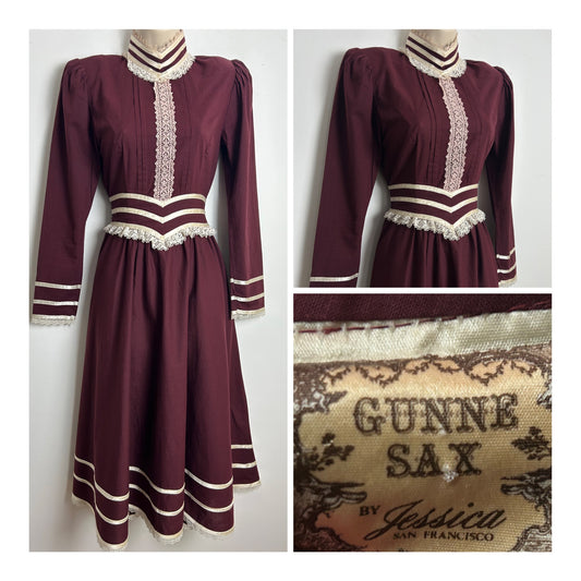 Vintage Late 1970s GUNNE SAX Size 6 Maroon Lace Trim Victoriana Prairie Midi Dress