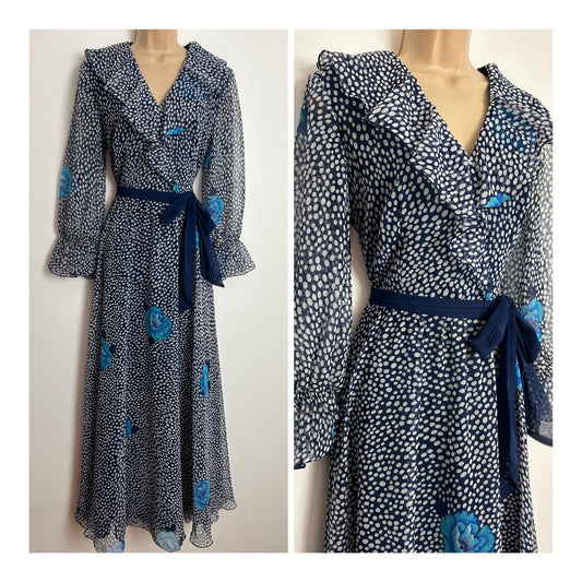 Vintage 1970s UK Size 10 Pretty Navy Blue & White Spot Print Long Sleeve Belted Boho Maxi Dress