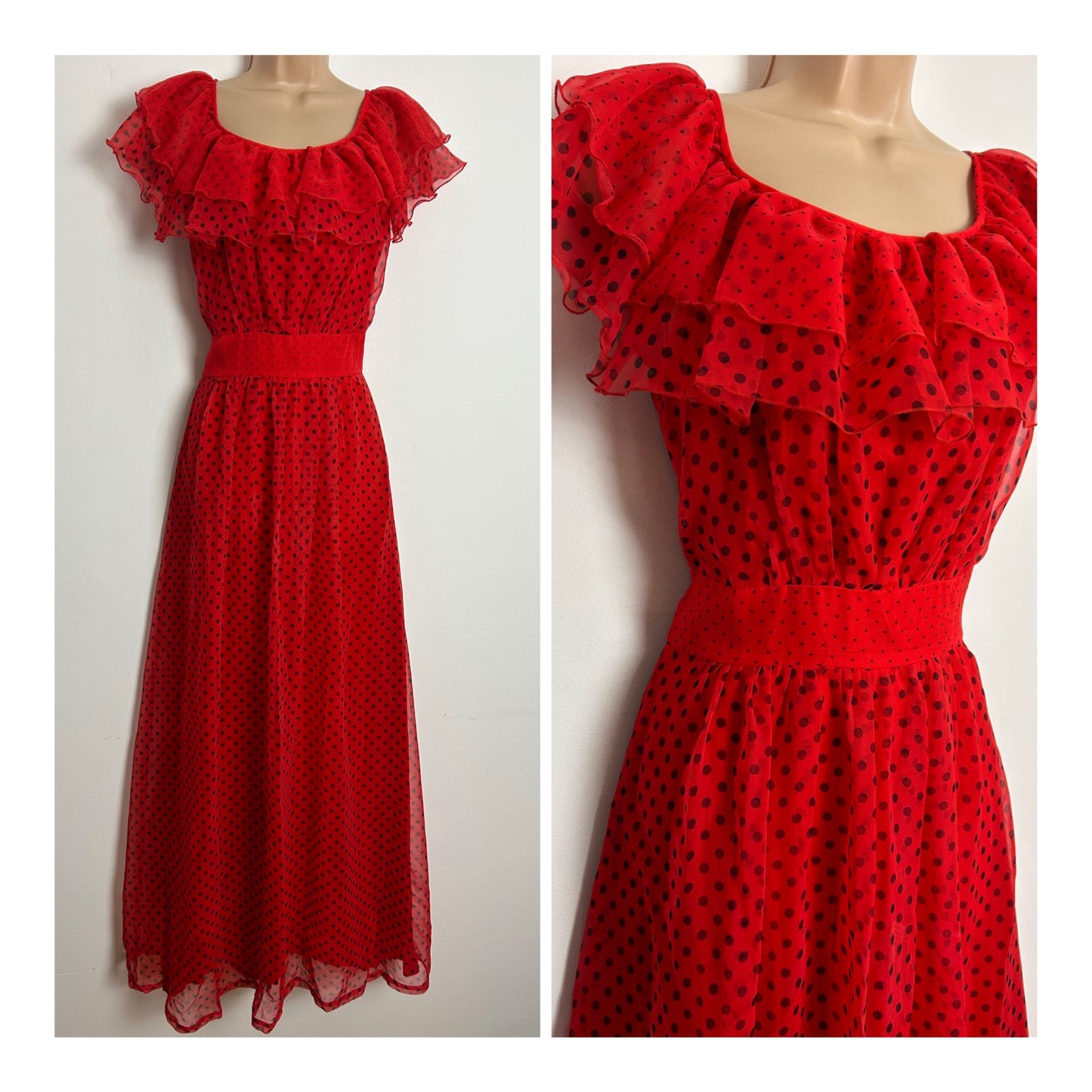 Vintage 1970s UK Size 6 Red & Black Polka Dot Ruffle Trim Boho Chiffon Maxi Dress