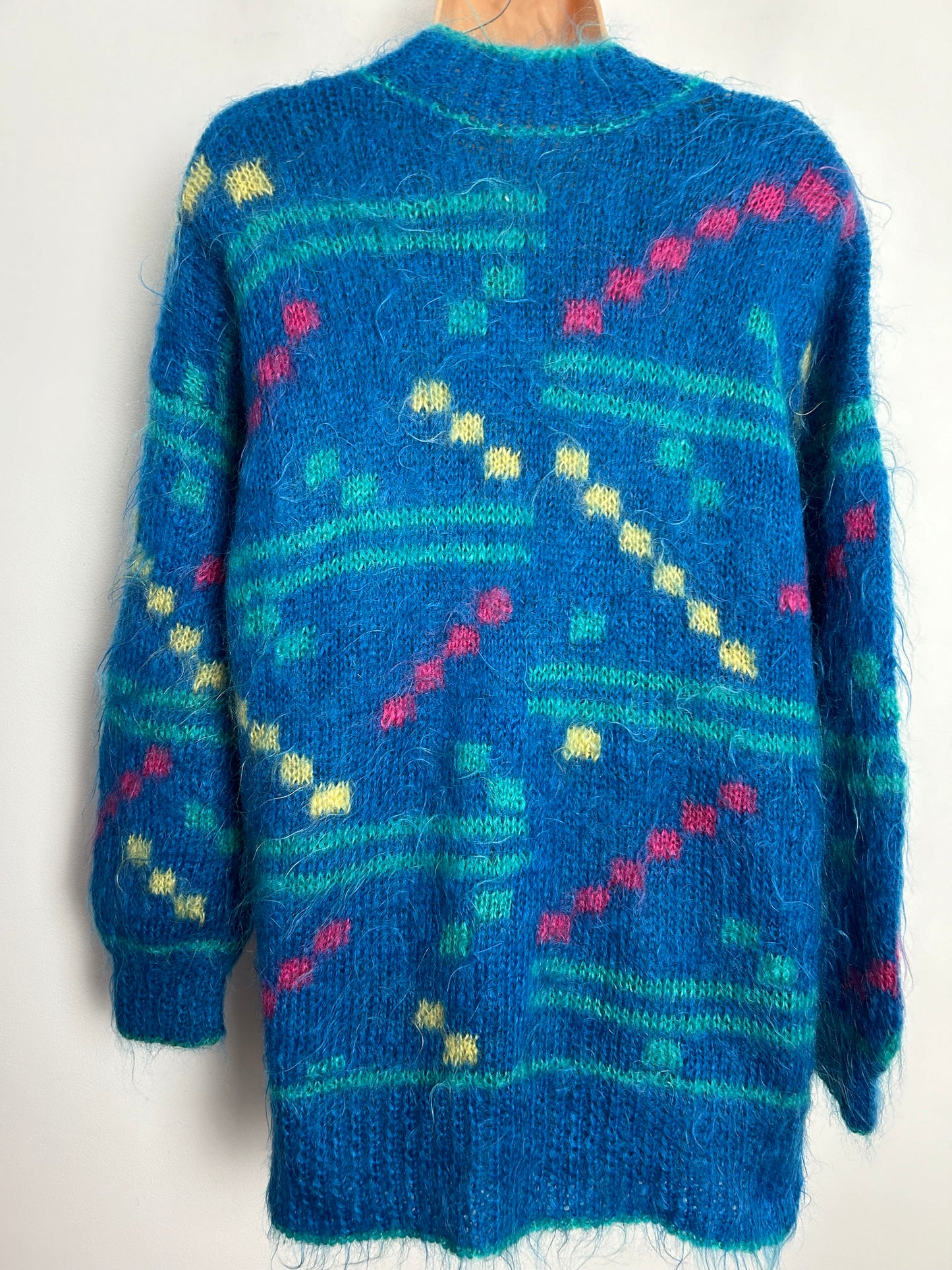 Vintage 1980s One Size Up To 14/16 Peacock Blue Pink & Green Abstract Pattern Mohair Mix Cardigan