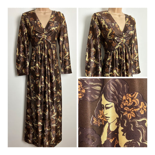 Vintage 1970s ANKEN Size 10 Brown & Beige Tones Figurine Novelty Print Long Sleeve Maxi Dress