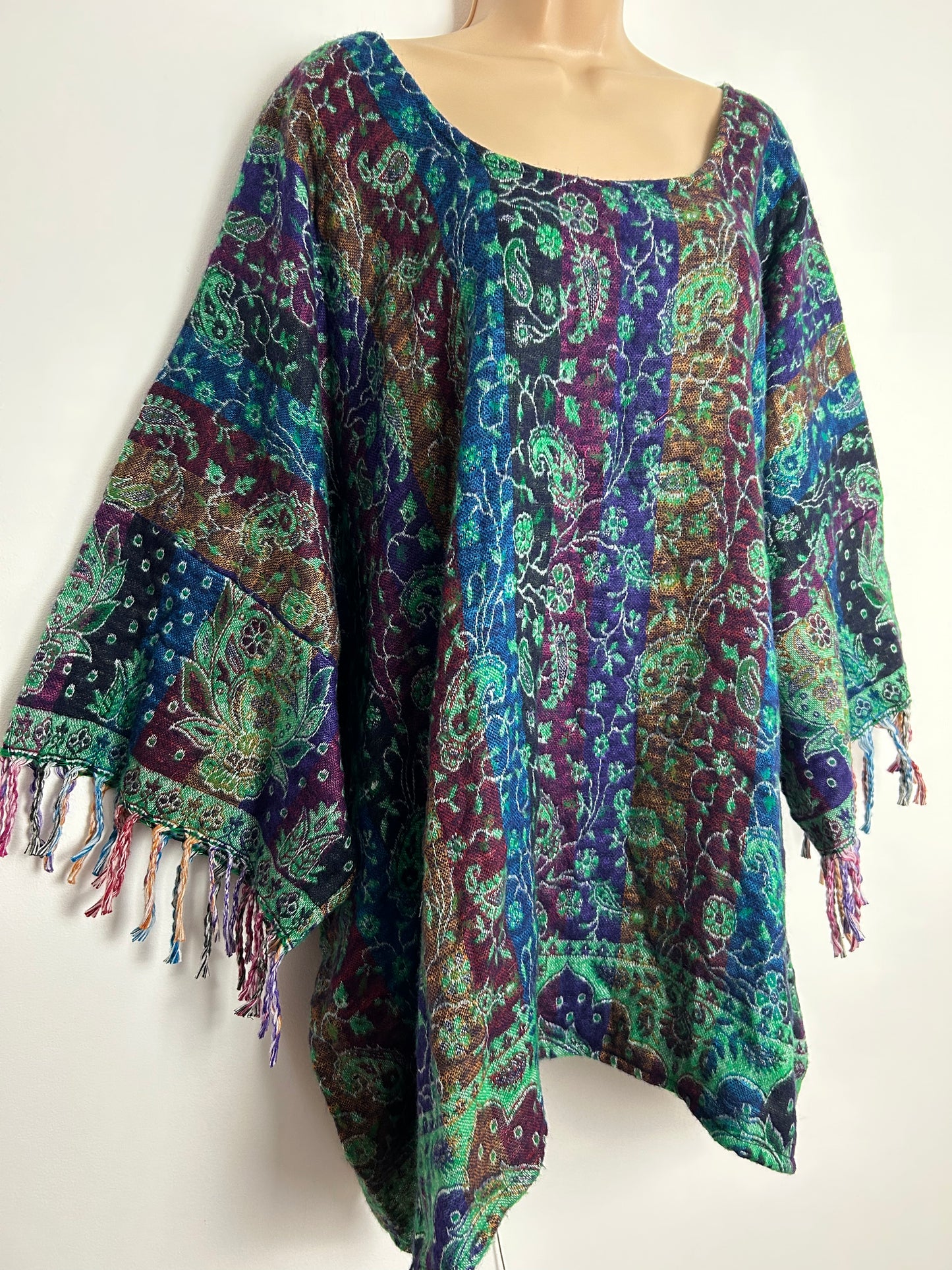 Vintage 80s 90s Gorgeous Indian Blue Green Red & Purple Floral Paisley Fringed Sleeve Poncho/Cape Style Top