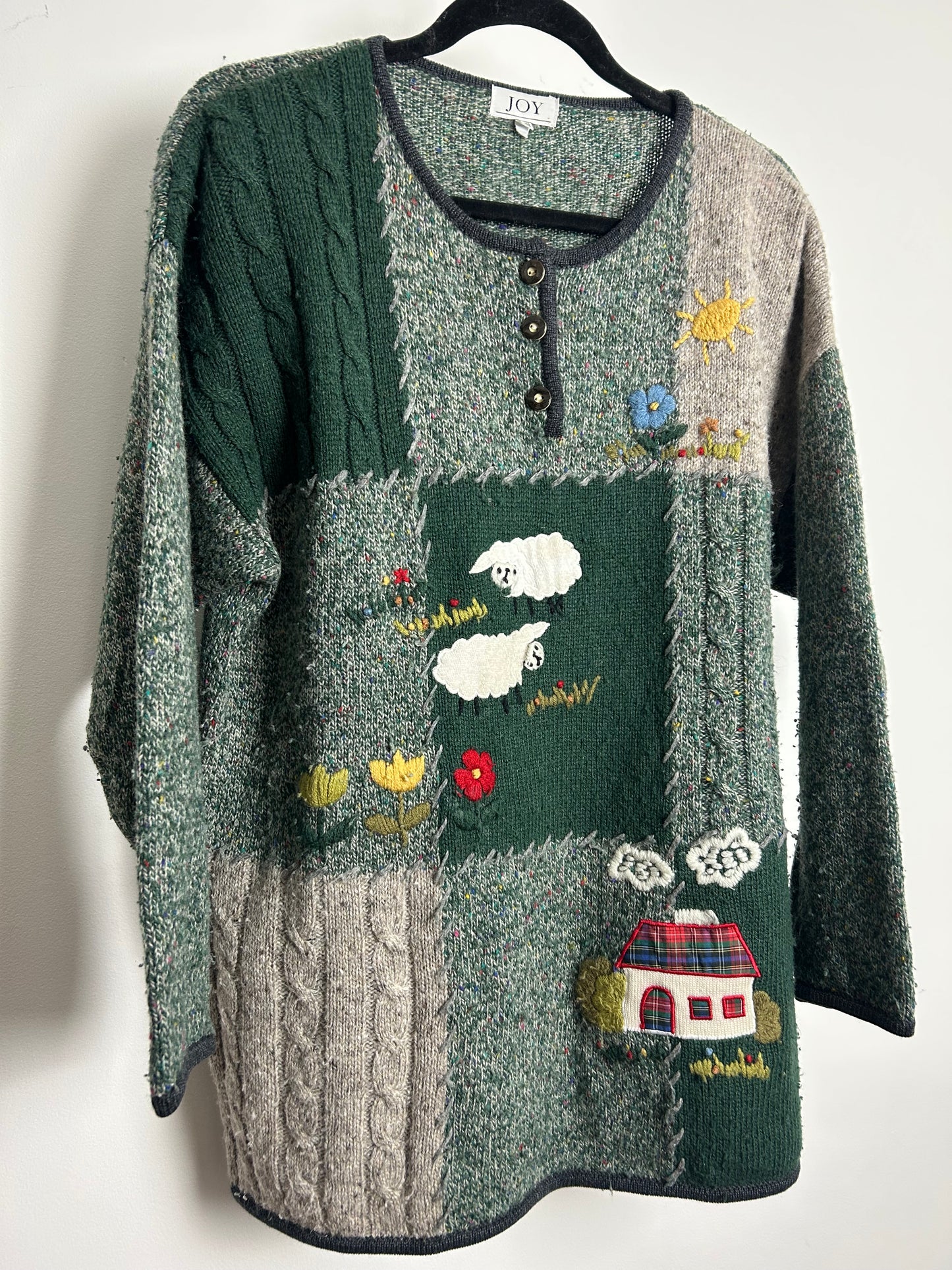 Vintage 1980s JOY Size 14/16 Slouchy Green Sheep Flowers & Cottage Applique Wool Mix Jumper
