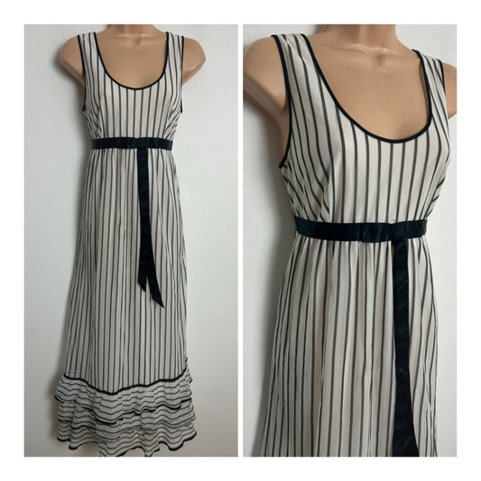 Vintage 1970s Size 10 ST MICHAEL White & Black Stripe Print Sleeveless Nylon Maxi Dress
