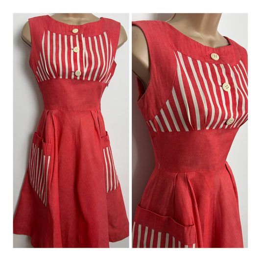 Vintage Late 1950s/Early 1960s BRIGITTE Size 6 Red & White Stripe Print Pocket Detail Pleated Rockabilly Dress