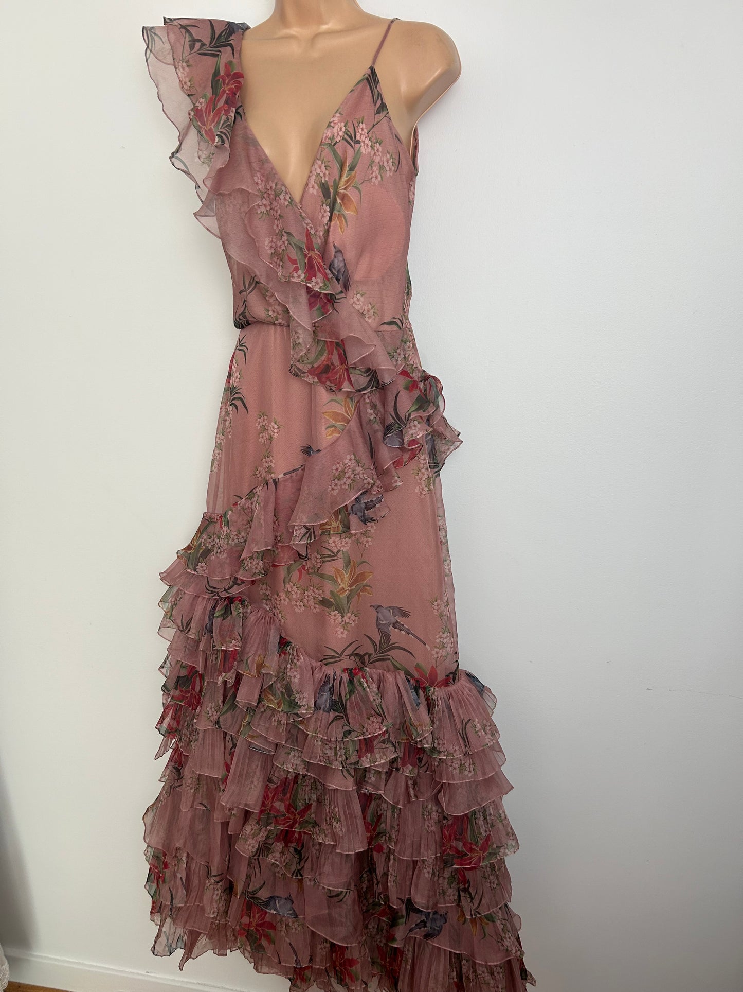 Designer JOHANNE ORTIZ Size 10 (US 6) Pale Pink Floral & Bird Print 100% Silk Ruffle Trim "The Place Of Silent Dress Occasion Maxi Dress