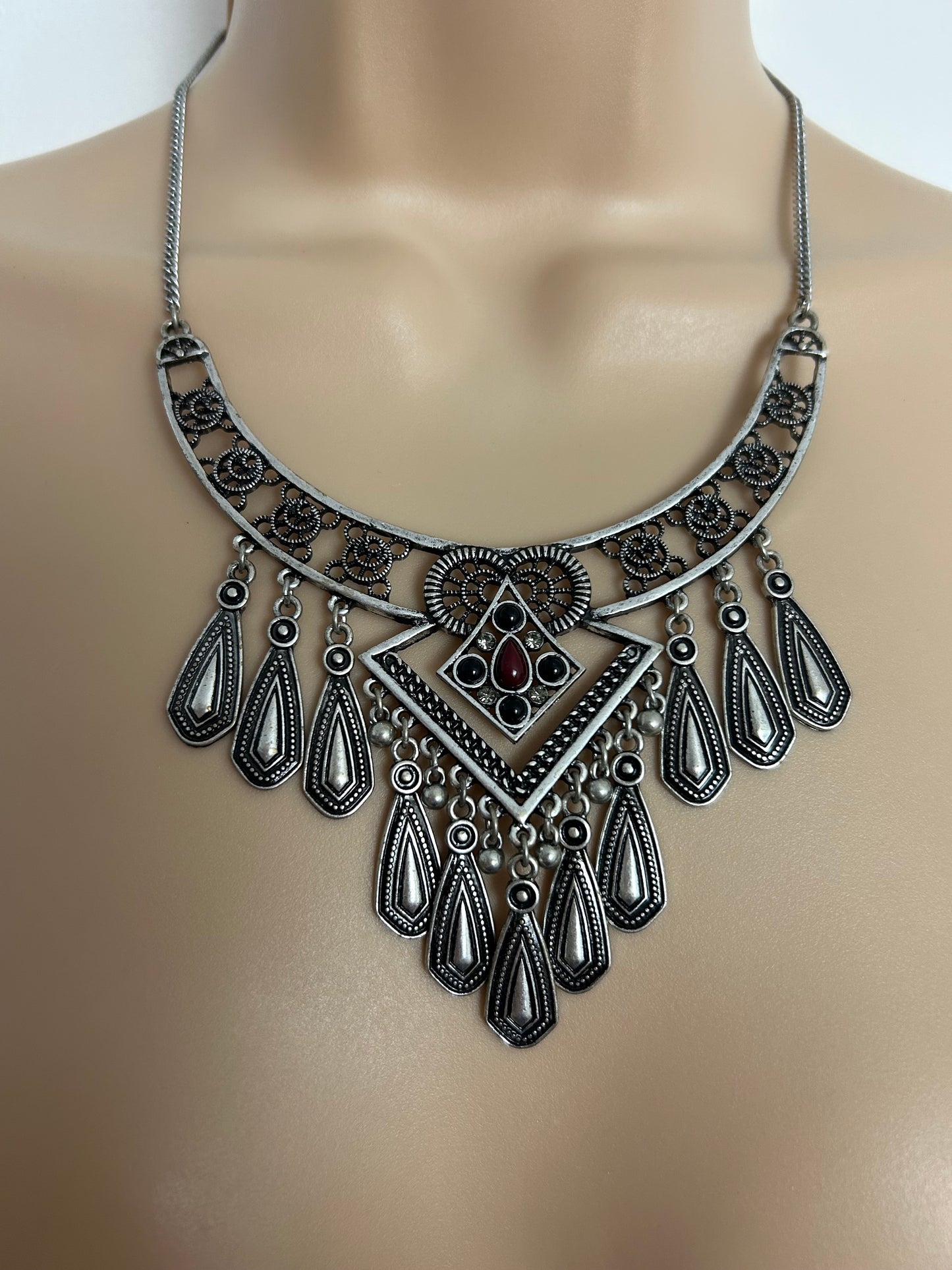 Vintage Stunning Silver Tone Filigree Style Ethnic Indian Inspired Boho Necklace