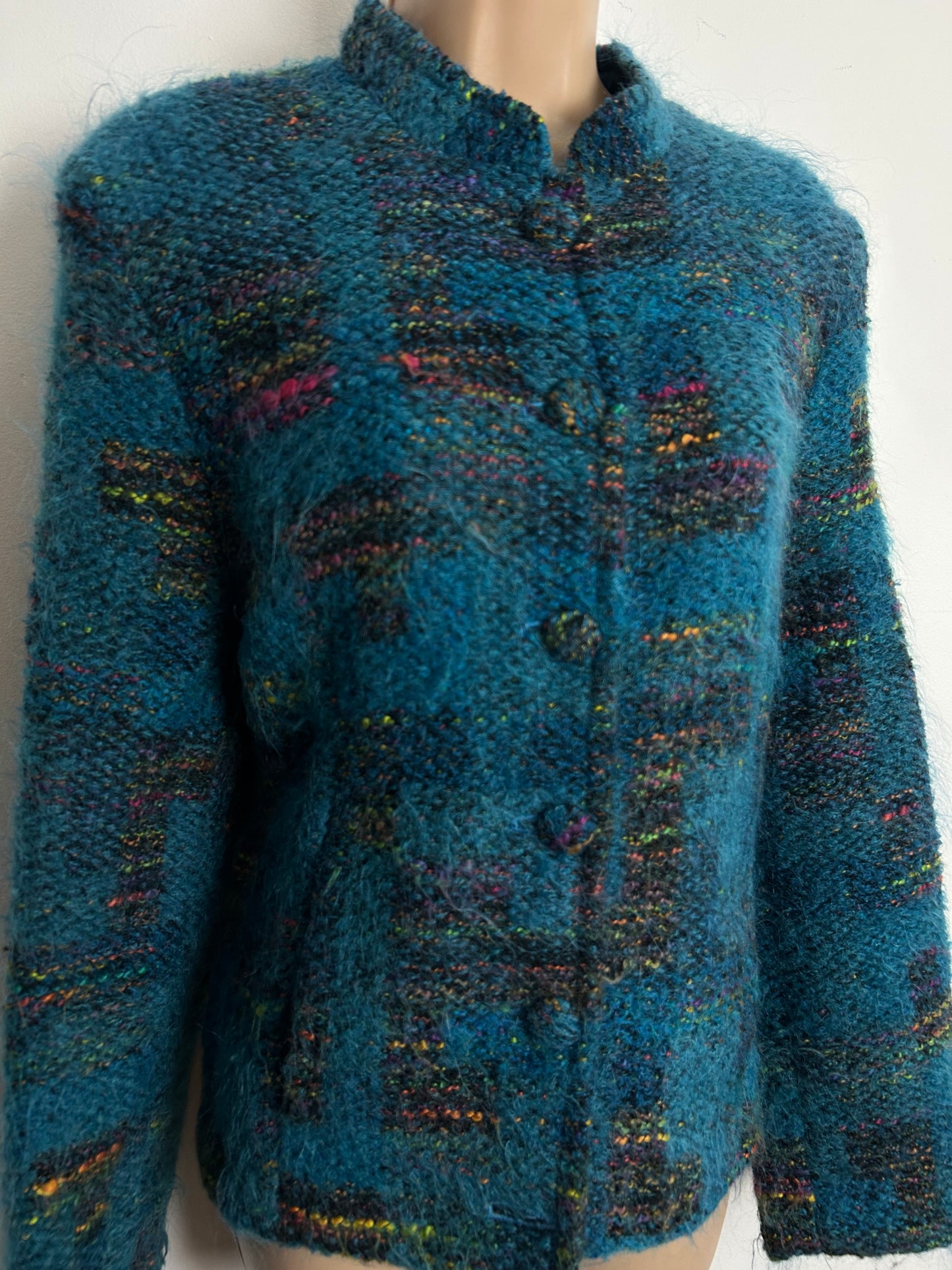 Vintage Early 1980s Size 12-14 Peacock Blue Mohair & Wool Mix Collarless Jacket