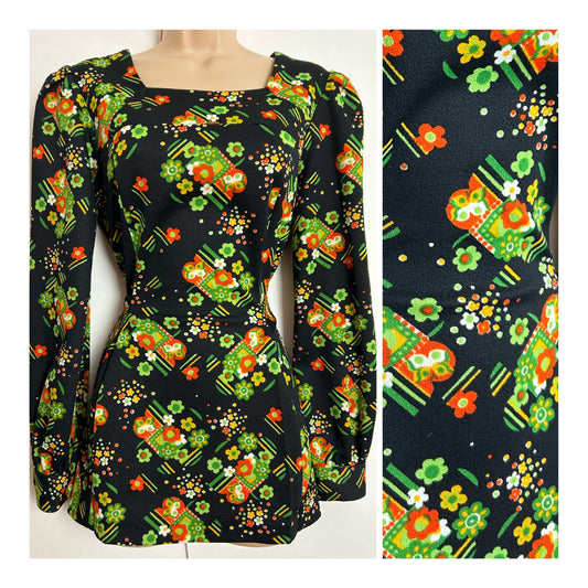 Vintage 70s UK Size 12 Black Green & Orange Floral & Stripe Print Long Sleeve Tie Back Top