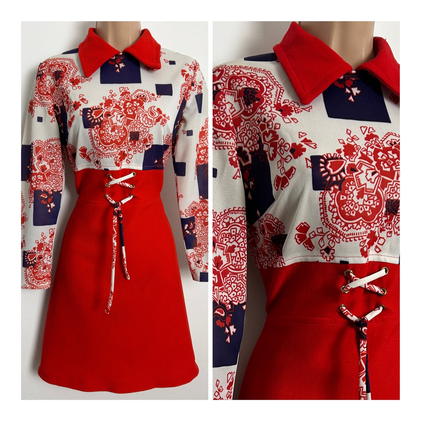 Vintage 1960s Size 10 Red White & Navy Abstract Print Long Sleeve Short Mod Dress