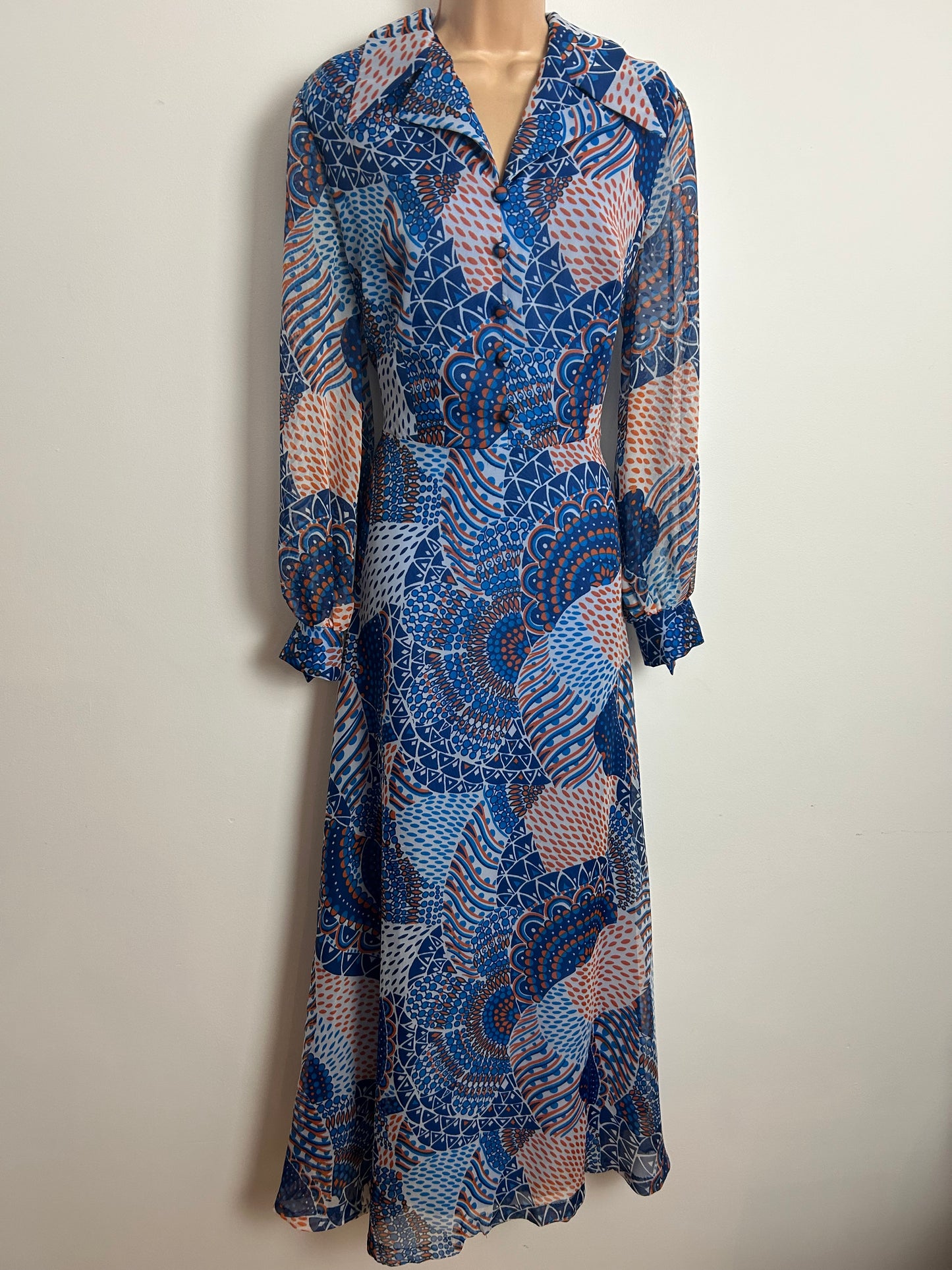 Vintage 1970s 14 Blue & Orange Abstract Print Dagger Collar Long Sleeve Chiffon Maxi Dress