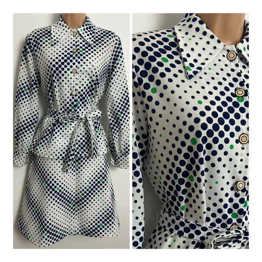 Vintage 1970s Size 12 White Blue & Green Spot Print Two Piece Mod Skirt Suit Co-Ord