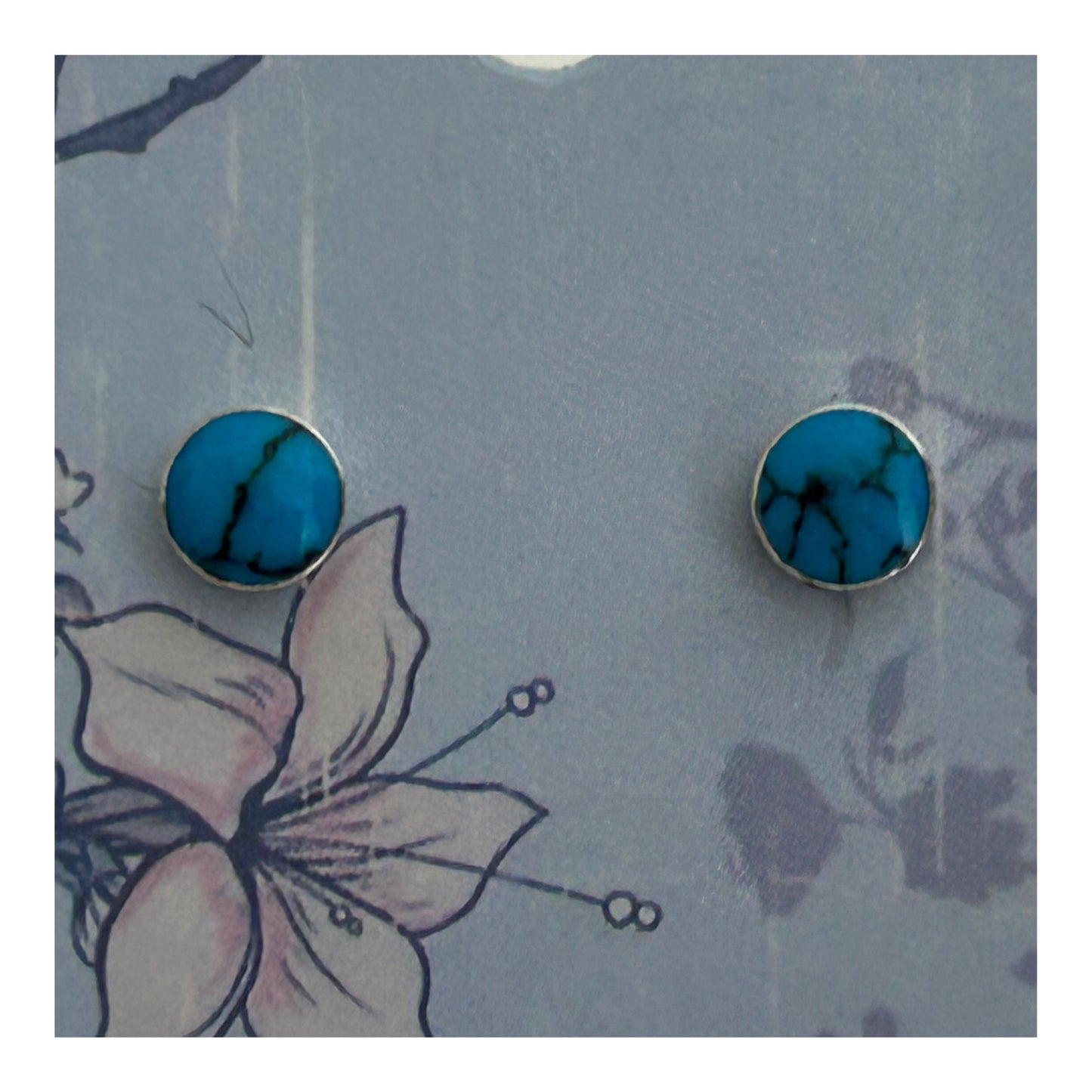 Vintage Silver Tone & Turquoise Marble Effect Small Round Earrings