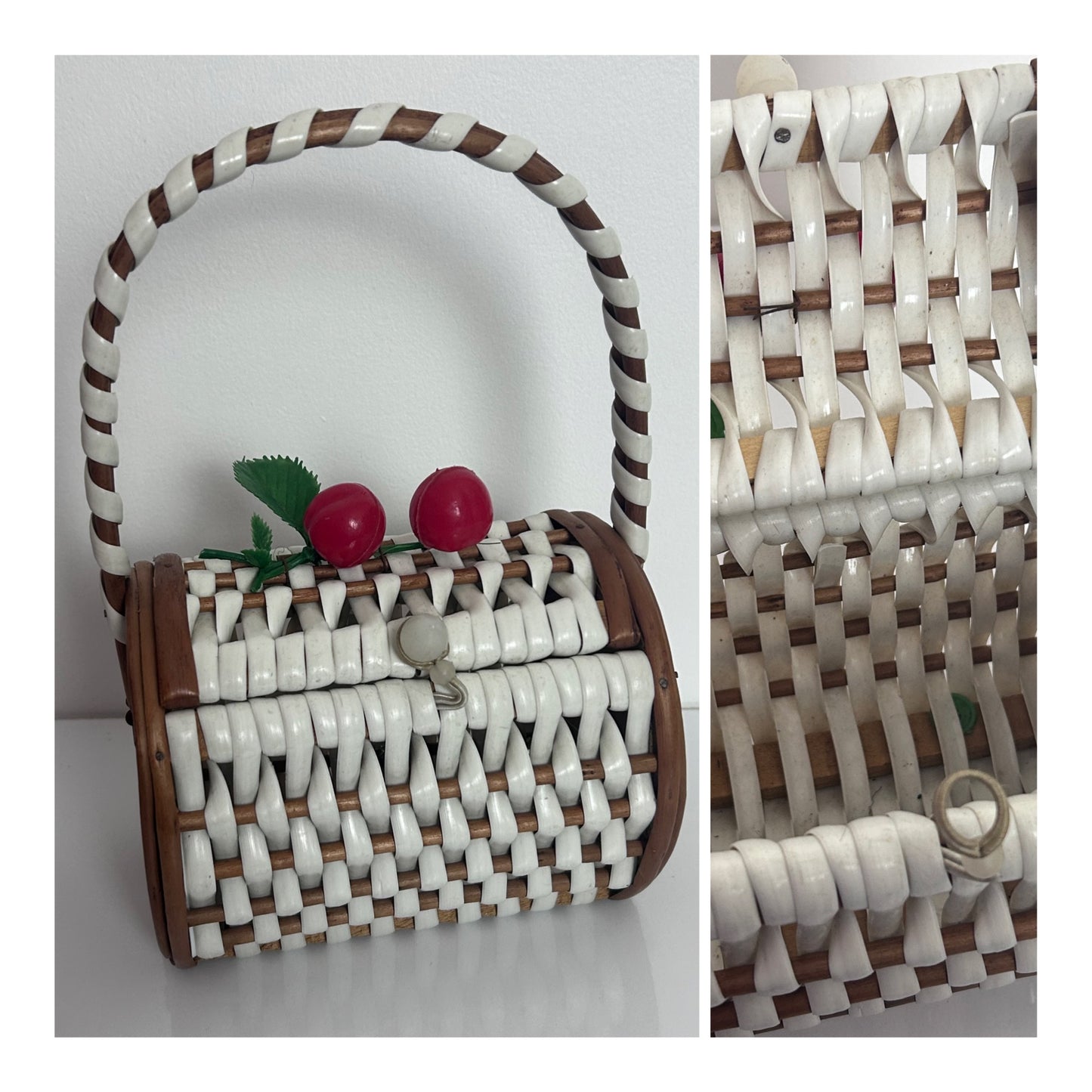 Vintage 1950s Cute Wooden & White Woven Cherries Detail Box Bag