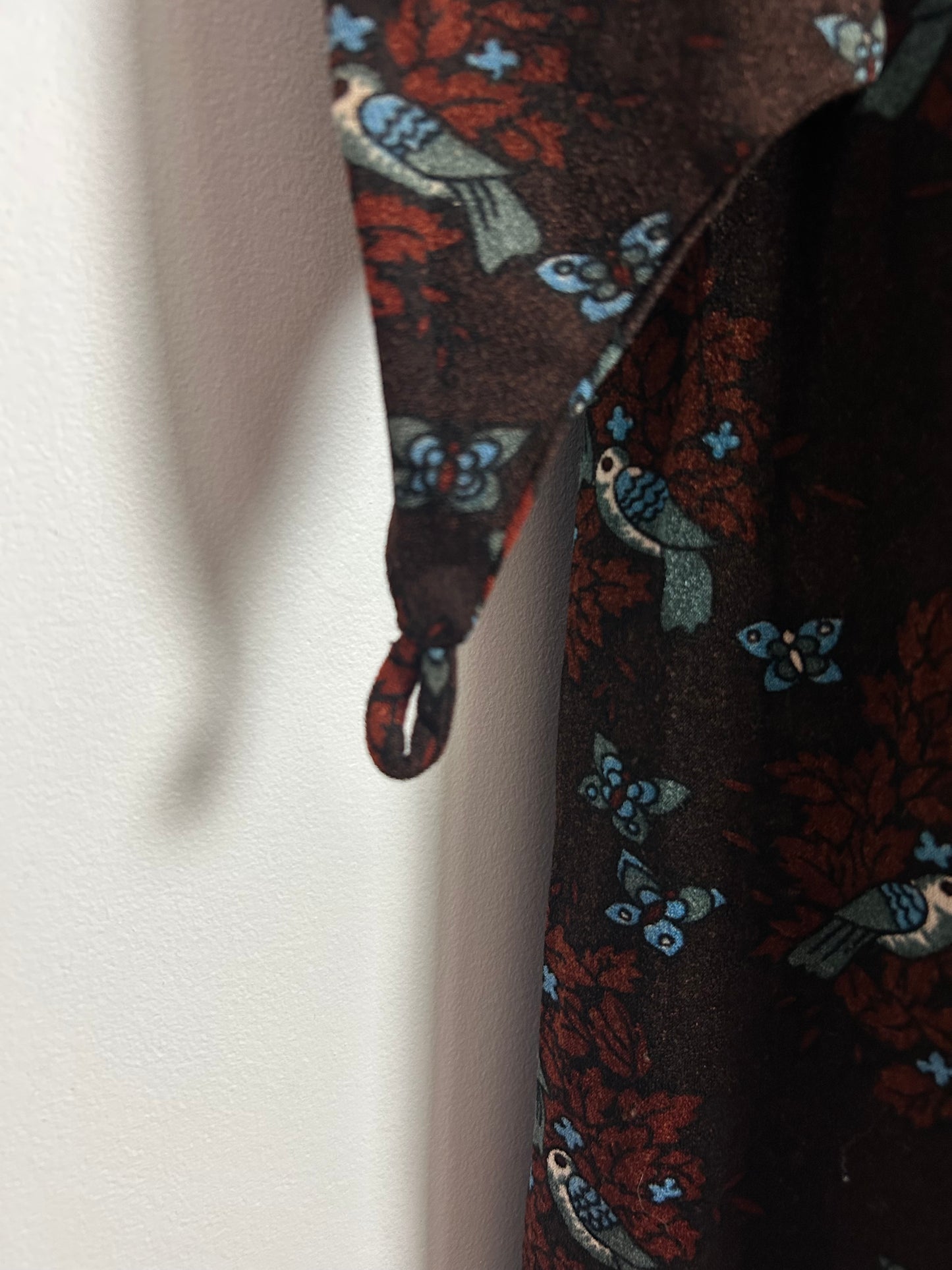 Vintage 1970s ST ANDRE Size 10 Brown Tones Bird & Butterfly Novelty Print Long Sleeve Maxi Dress With Finger Loops