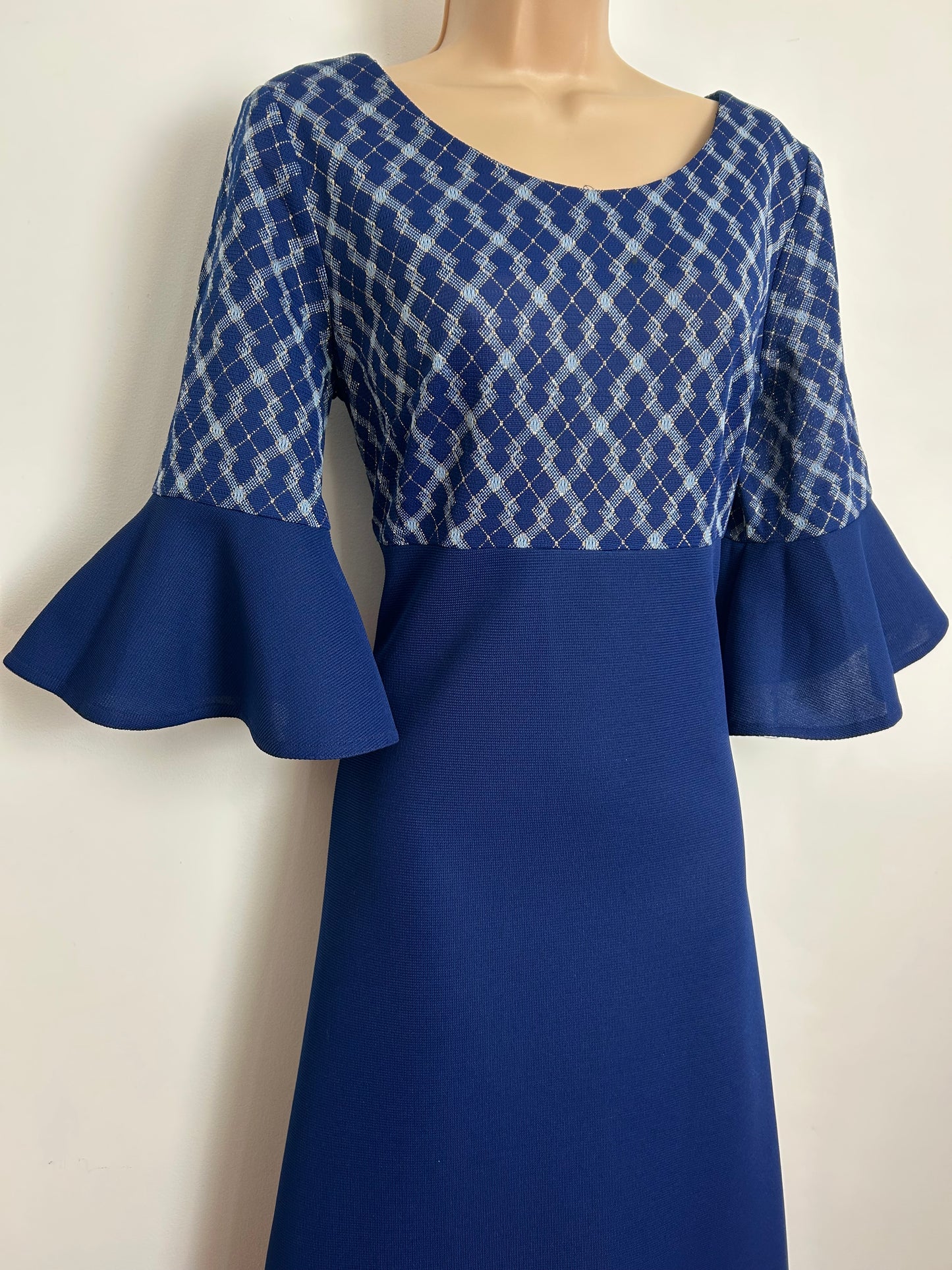 Vintage 1970s CAROL PHASE Size 12 Navy Blue & Gold Metallic Check Bodice Flared Cuff Evening Maxi Dress