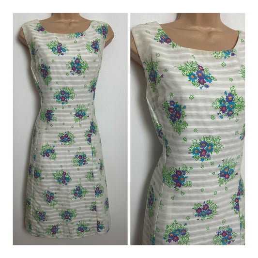 Vintage 1960s GLENNARD Size 10-12 White Blue & Purple Floral Print Cotton Mix Summer Shift Dress