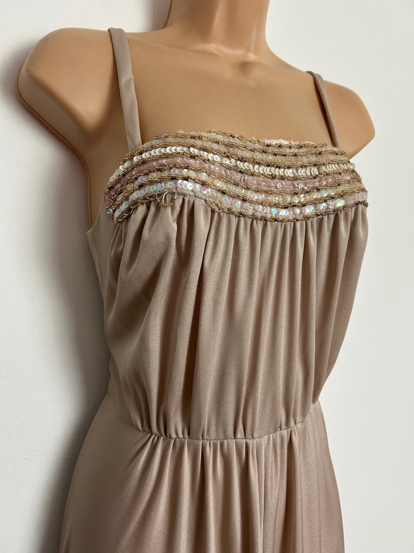 Vintage 1970s CARNEGIE OF LONDON UK Size 8 Nude Beige Sequin & Bead Detail Occasion Maxi Dress With Shawl