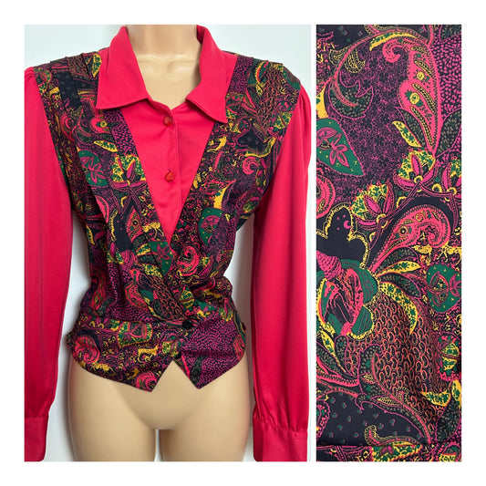 Vintage 1980s ALIA Size 10 Fuchsia Pink Black & Green Paisley Floral Print Long Sleeve Shirt