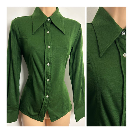 Vintage 1970s Size 10-12 Moss Green Dagger Collar Long Sleeve Shirt