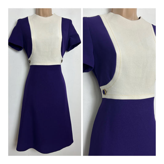 Vintage 1960s CLEVALIN Size 10 Purple & Cream Button Detail Short Sleeve Mod Dress