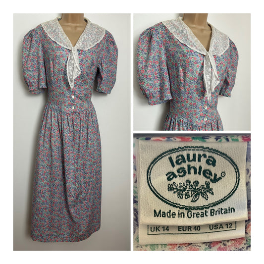 Vintage 1980s LAURA ASHLEY Pale Blue Red & Orange Ditsy Flora Print Lace Collar Tea Dress Size 10
