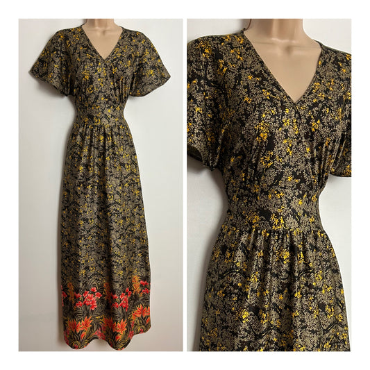Vintage 1970s UK Size 8-10 Black Beige Yellow & Orange Floral Print Short Sleeve Lightweight Tie Back Maxi Dress