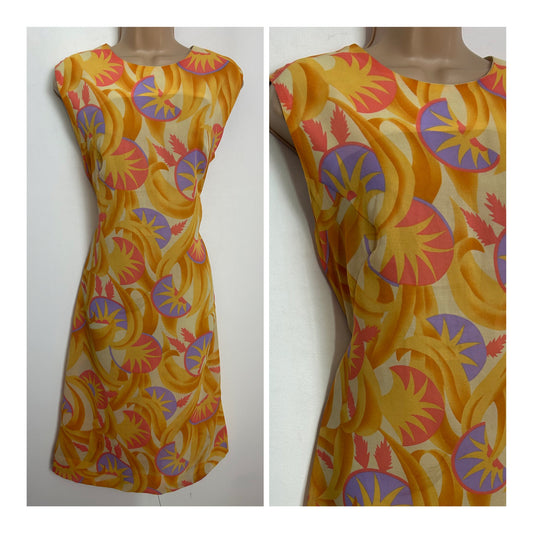 Vintage 1960s ERIKO Size 12 Dark Yellow Pink & Violet Abstract Print Mod Summer Lightweight Shift Dress