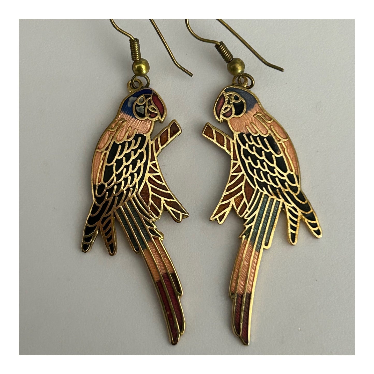 Vintage 1980s Gorgeous Gold Tone & Cloisonne Enamel Parrot Dangle Earrings