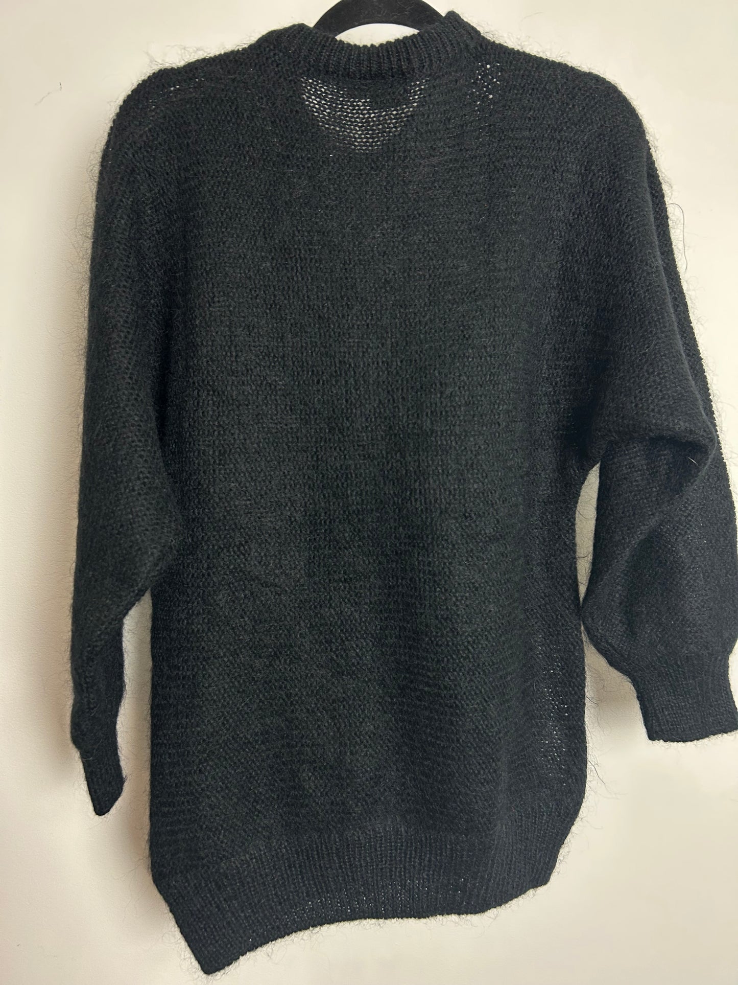 Vintage 1980s Up To Size 14 Black Fur Chain & Bead Applique Detail Slouchy Mohair Mix Jumper