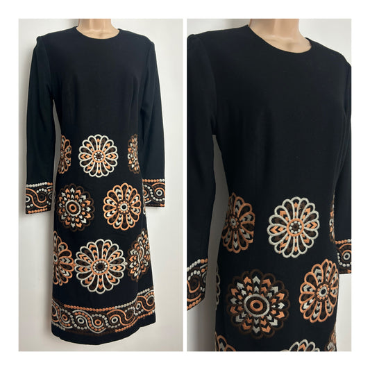 Vintage 1960s Size 12 Black Brown Coral & White Floral Embroidered Wool Mod Shift Dress