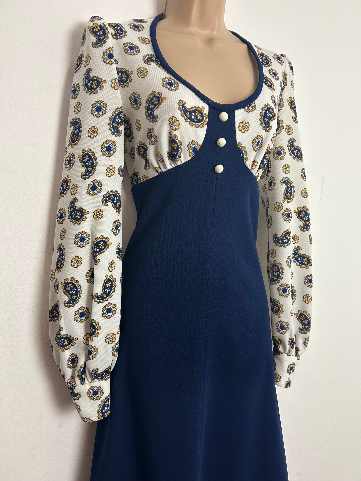 Vintage 1970s UK Size 8-10 Navy Blue White & Yellow Paisley Print Long Sleeve Maxi Dress