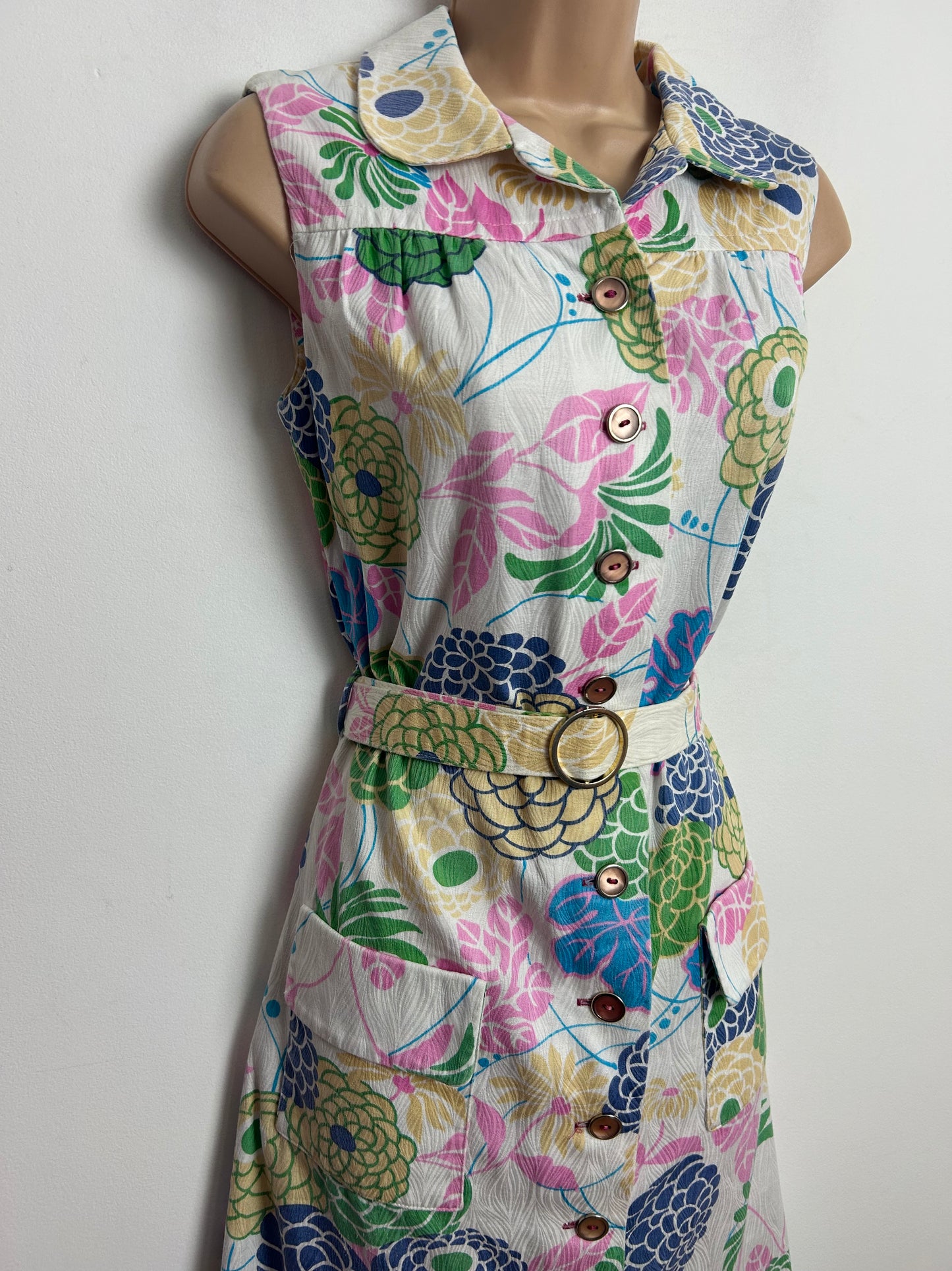 Vintage Early 1970s ST MICHAEL Size 12 White Pink Blue & Beige Floral Print Cotton Belted Mod Day Dress